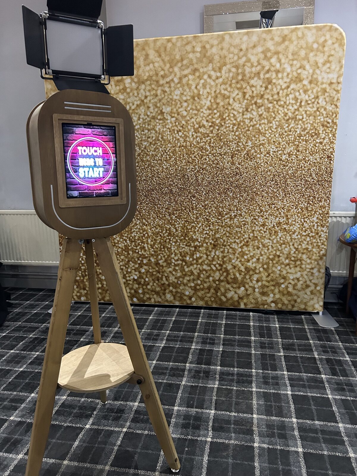 Vintage Photo Booth Cumbria 4 Vintage selfie pod with gold sequin backdrop ready for a corporate event in Cumbria