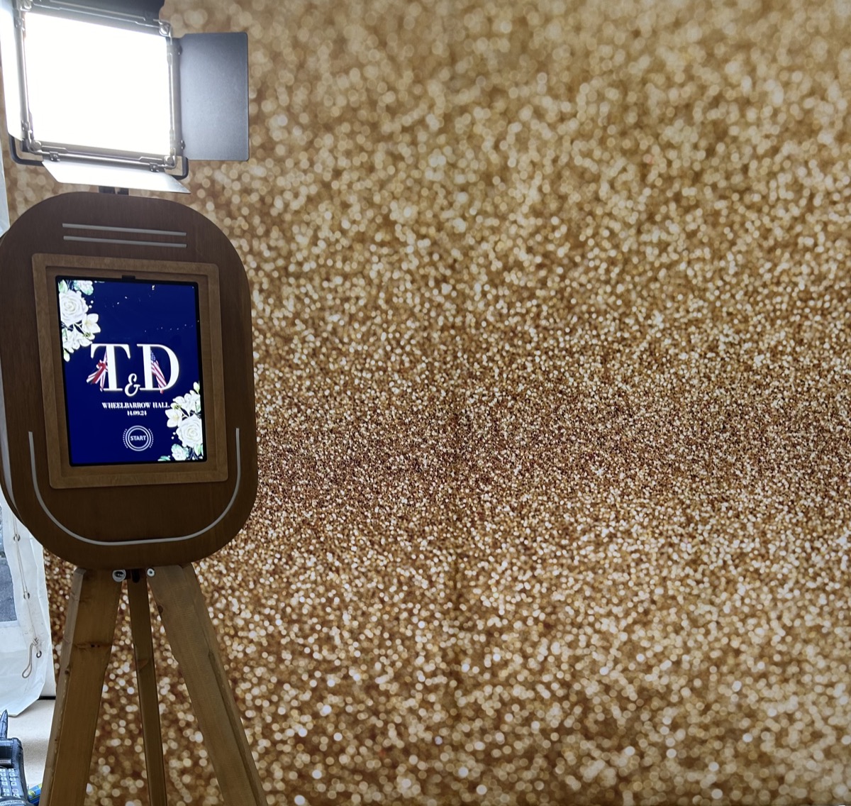 Vintage selfie pod with custom branding and gold backdrop at a Penrith venue