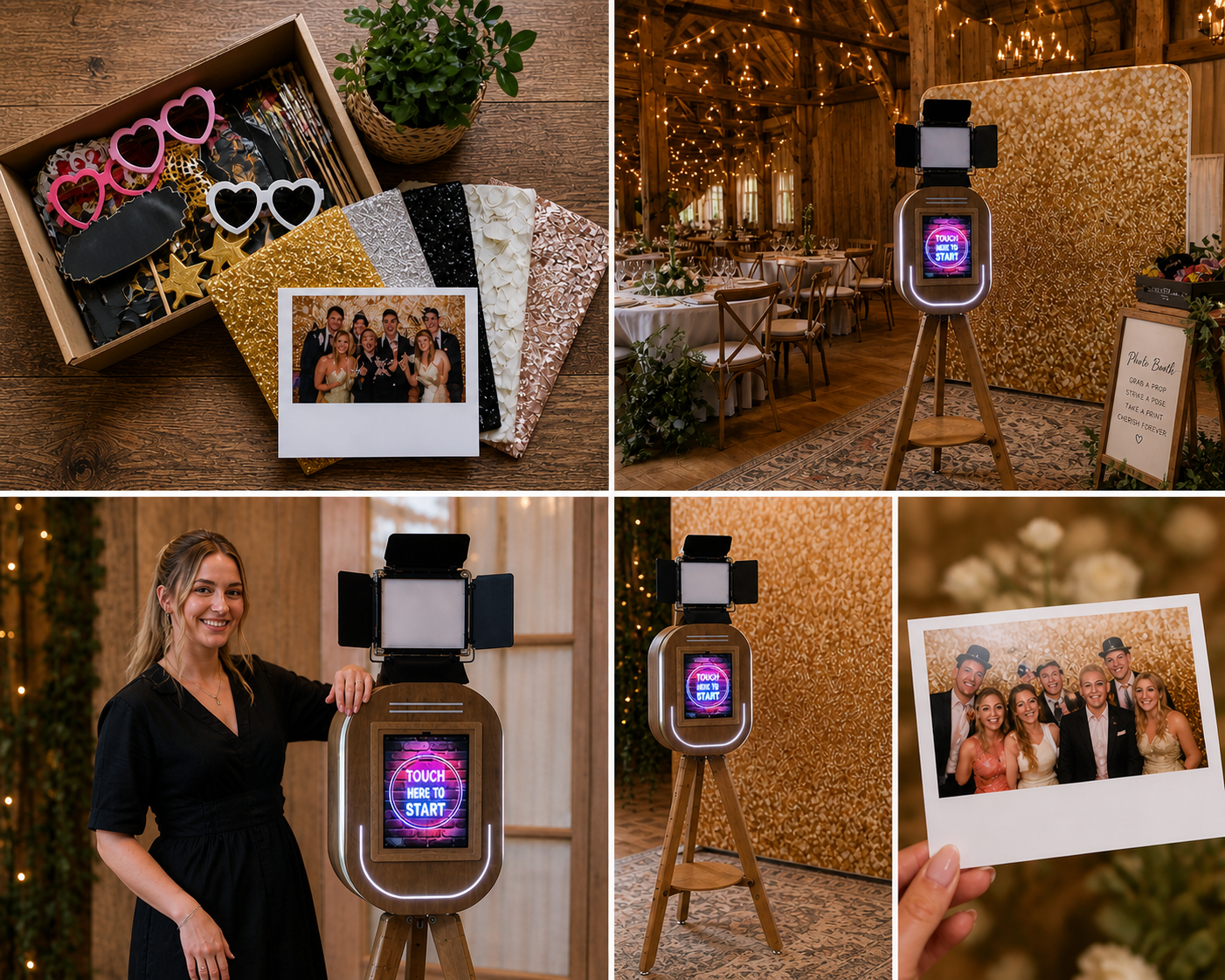 Vintage Photo Booth Cumbria 2 Vintage selfie pod hire package showing props box, gold glitter backdrop, attendant, instant printed photos and pod set up at a wedding venue in Cumbria